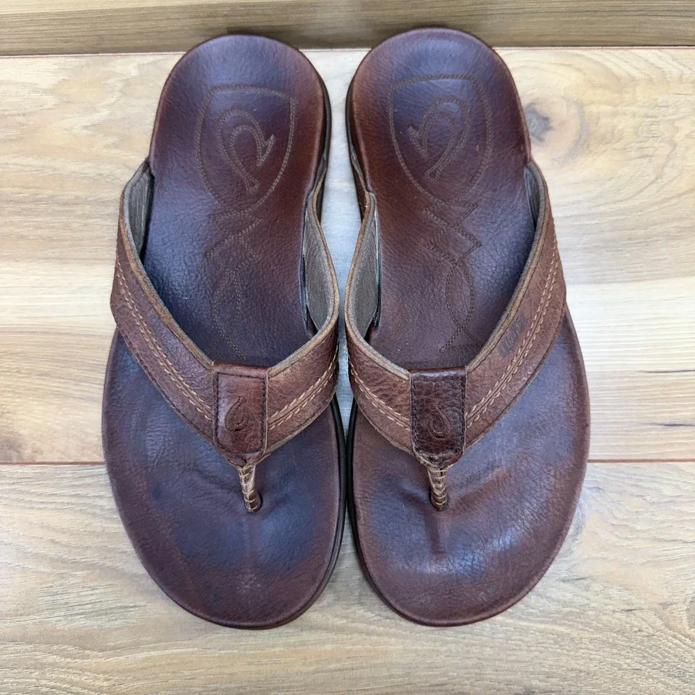 Olukai Mohalu Brown Leather Sandals Mens 8 Travel Summer Resort Flip Flop Thong